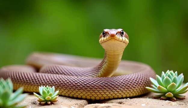 A close portrait of a light brown snake with detailed scales and a soft green background.