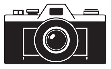 A black and white vector illustration of a vintage camera with a prominent lens, capturing the essence of photography.