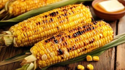 Grilled corn on the cob with charred kernels and melted butter on a wooden background