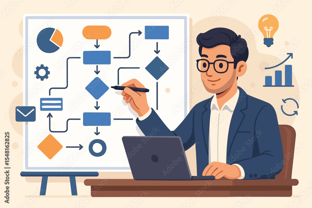 Poster business strategist creating process workflow diagram. vector illustration of professional planning 