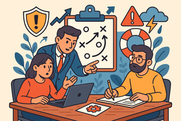 Strategic Risk Management Planning, Team Brainstorming Backup Solutions, Crisis Prevention, Emergency Contingency, Safety Strategy, Business Protection, Vector Cartoon Illustration
