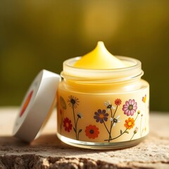 An organic lip balm, made from beeswax and shea butter, decorated with tiny flowers.