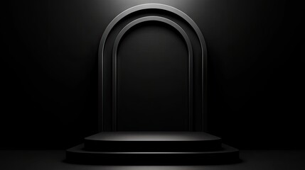 Empty, dark presentation platform with arched design.