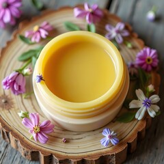 An organic lip balm, made from beeswax and shea butter, decorated with tiny flowers.