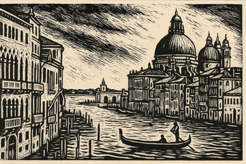 Fototapeta premium A linocut-style depiction of Venice, Italy, with gondolas drifting along the Grand Canal, showcasing Venetian architectu