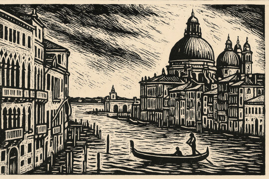 A linocut-style depiction of Venice, Italy, with gondolas drifting along the Grand Canal, showcasing Venetian architectu