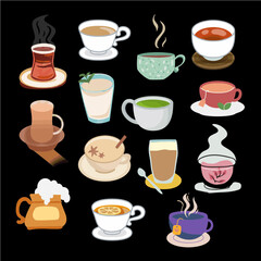Sticker design on the theme of traditional milk tea drinks from around the world