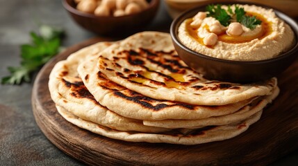Grilled flatbread with char marks stacked on a wooden board beside a bowl of hummus