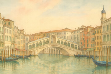 A watercolor painting of the Rialto Bridge over the Grand Canal in Venice, Italy, with gondolas floating along the canal