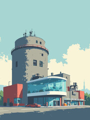 Obraz premium Oberhausen, Germany - Gasometer, Centro Mall, Sea Life Aquarium in steel cylinder gray, glass white, aqua blue, and industrial red