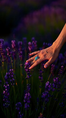 Hand Touching Lavender Blossoms: Serenity in a Purple Field at Sunset