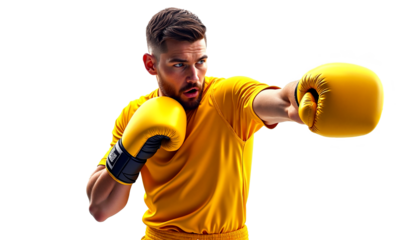 Focused male boxer in yellow sportswear throwing a punch with yellow gloves — isolated on transparent background, perfect for fitness, boxing training, health, and motivational concepts