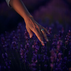 Hand Touching Lavender Blossoms: Serenity in a Purple Field at Sunset
