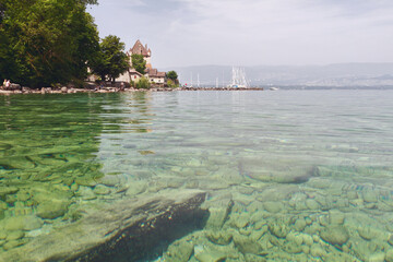 Bay, castle and yacht port. Lake Geneva, Yvoire Coast, France