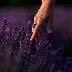 Hand Touching Lavender Blossoms: Serenity in a Purple Field at Sunset