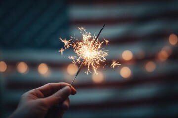 Fototapeta premium Joyful celebration with a sparkler glowing against a softly focused American flag backdrop