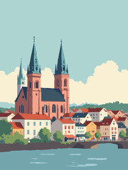 Obraz premium Mainz, Germany - Mainz Cathedral, Gutenberg Museum, Old Town in sandstone red, white museum, colorful old town, and Rhine blue