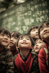 Group of young Asian boys looking up joyfully in a classroom setting.