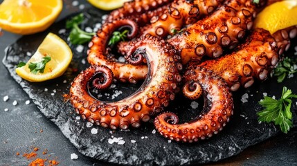Grilled octopus tentacles on a black stone plate with coarse salt and paprika dusting