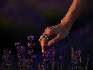 Hand Touching Lavender Blossoms: Serenity in a Purple Field at Sunset