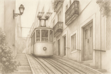 A pencil sketch depicting a traditional tram ascending a steep street in Lisbon, Portugal, with balconies on either side