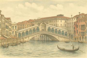A detailed pencil sketch of the Rialto Bridge in Venice, Italy, crossing the Grand Canal, with gondolas beneath and hist