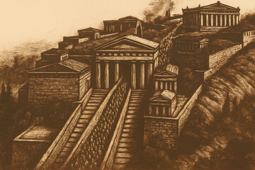 A sepia-toned drawing depicting the Acropolis in Athens, Greece, with multiple temples and steps leading up to the centr