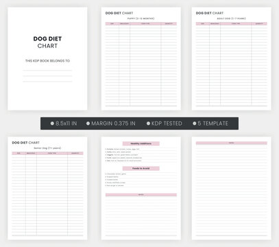 Dog Diet Chart, Puppy, Adult Dog, Senior Dog, Pet Care Sheet Printable