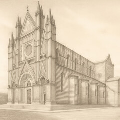 A detailed pencil sketch of the Siena Cathedral, located in Siena, Italy. The gothic architecture is showcased with intr