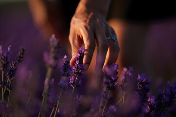 Hand Touching Lavender Blossoms: Serenity in a Purple Field at Sunset