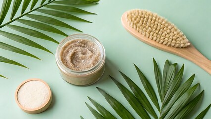Spa treatment essentials arranged with palm leaves and body scrub on a pastel background