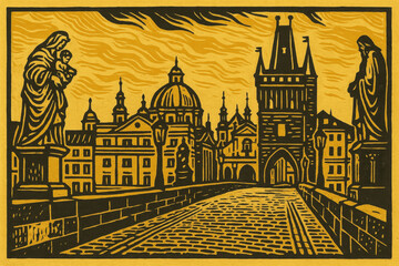 The Charles Bridge in Prague, Czech Republic, seen at sunrise with statues and towers. Watercolors and fine details brin