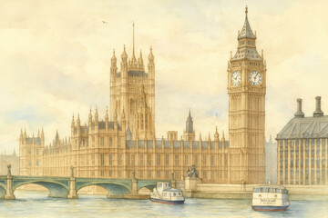 A watercolor painting of the Palace of Westminster and Big Ben in London, UK, with boats on the River Thames and a bridg