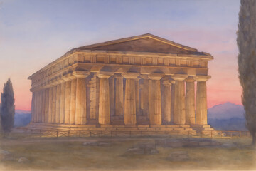 The Temple of Hephaestus in Athens, Greece, depicted at sunset. The well-preserved ancient Greek temple, known for its D