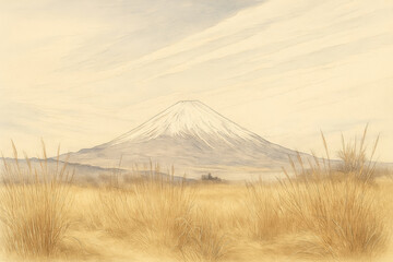 A pencil sketch of Mount Fuji in Japan, featuring its snow-capped peak, surrounded by grasses and a soft, peaceful lands