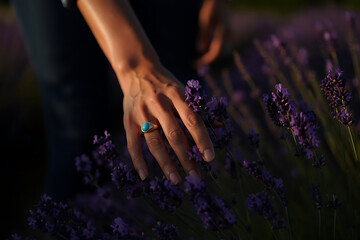 Hand Touching Lavender Blossoms: Serenity in a Purple Field at Sunset