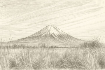 A pencil sketch of Mount Fuji in Japan, with the mountain standing tall in the background, surrounded by sparse vegetati