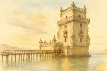 Watercolor painting of the Belem Tower in Lisbon, Portugal, showcasing its distinct Manueline architecture. The tower is