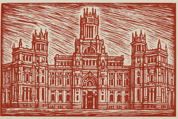 Linocut print of the Palacio de Cibeles in Madrid, Spain, featuring its grand neoclassical architecture and iconic dome.