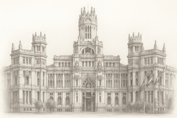 A pencil sketch of the Palacio de Cibeles, a famous neoclassical building in Madrid, Spain, featuring its ornate facade