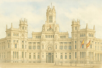 Watercolor painting of the Palacio de Cibeles in Madrid, Spain, showcasing its impressive architecture and grand facade.