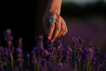 Hand Touching Lavender Blossoms: Serenity in a Purple Field at Sunset
