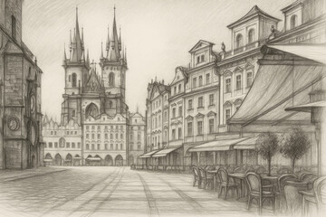 A pencil sketch of Prague's Old Town Square, showcasing the Church of Our Lady before Tyn and surrounding historic build