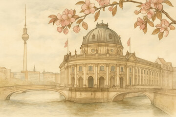 A soft, pencil sketch of the Bode Museum in Berlin, Germany, with the Berlin TV Tower in the background and cherry bloss