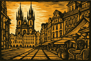 A linocut-style print of Prague?s Old Town Square, showcasing the Church of Our Lady before Tyn and surrounding historic