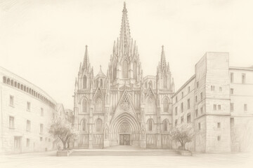 A pencil sketch of the Barcelona Cathedral in Spain, showcasing its intricate Gothic architecture, spires, and grand ent