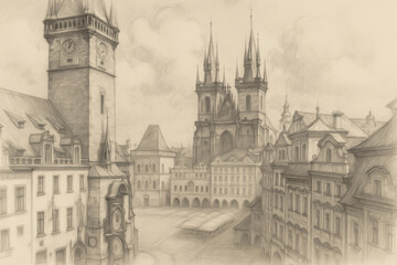 A pencil sketch of the Old Town Square in Prague, Czech Republic, with the famous Gothic Church of Our Lady Before Tyn a