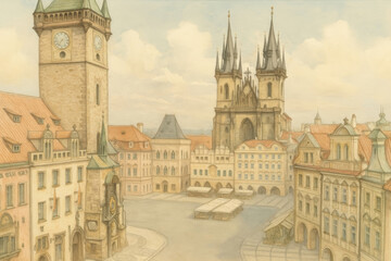 A watercolor illustration of Prague's Old Town Square, featuring the famous Prague Astronomical Clock and the Church of