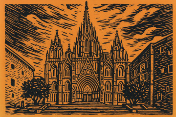 A linocut print of the Barcelona Cathedral in Spain, featuring its grand Gothic design with tall spires and detailed arc