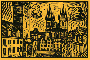 A linocut print of the Old Town Square in Prague, Czech Republic, featuring the Prague Astronomical Clock and Church of